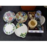 A quantity of continental bowls and plates together with a further box of pottery vase, mugs,