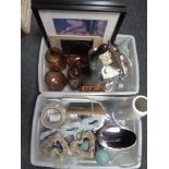 Three boxes of a large quantity of glass vases, ornaments, pictures, kitchen storage jars, candles,