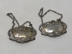 Two silver decanter labels 'Whisky' and 'Sherry',
