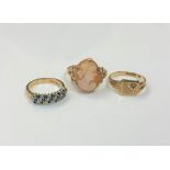 Two 9ct gold diamond set rings and a similar cameo ring. (3) CONDITION REPORT: 7.