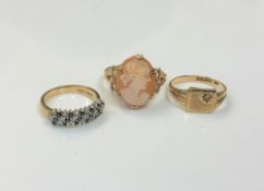 Two 9ct gold diamond set rings and a similar cameo ring. (3) CONDITION REPORT: 7.