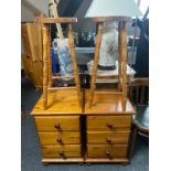 A pair of pine three drawer bedside chests and two bar stools