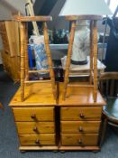 A pair of pine three drawer bedside chests and two bar stools