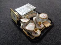 A tray of mirrored jewellery box, table brush sets,