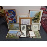 A box of framed pictures and prints - tapestries,