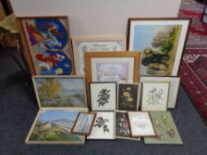 A box of framed pictures and prints - tapestries,