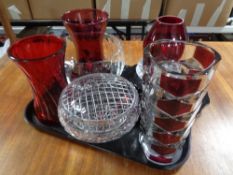 A tray of assorted glass ware - cranberry vase, vases,