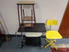 A tubular metal two tier computer trolley together with a set of mid 20th century stool steps and,