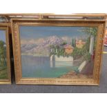 Continental school : Mediterranean villa with mountains beyond, oil on canvas, framed.
