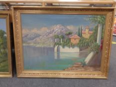 Continental school : Mediterranean villa with mountains beyond, oil on canvas, framed.