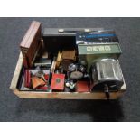 A crate of lingua phone set, wireless headphones, vintage games, harmonica,