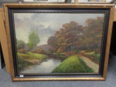 Continental school : Trees by a stream, oil on board, framed.