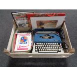 A crate containing cased Imperial 220 typewriter, assorted theatre programmes,