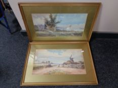 An early 20th century gilt framed watercolour of a windmill in rural landscape by E Earp,