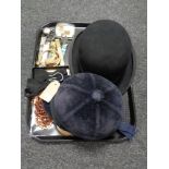 A tray of Chas Owen & Company lady's riding hat, Hart & Hobbs Ltd of Brighton bowler hat, knife,