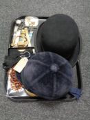 A tray of Chas Owen & Company lady's riding hat, Hart & Hobbs Ltd of Brighton bowler hat, knife,