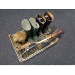 A box of leather riding boots, wellies, vintage mohair teddy bear,