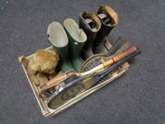 A box of leather riding boots, wellies, vintage mohair teddy bear,