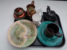A tray of antique copper luster jug and pot, leaf dish, comport,