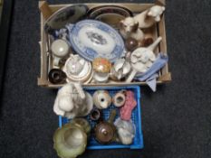 A crate and basket of miscellaneous china to include chalk figure of Shakespeare (a/f),