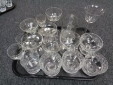 A tray of assorted glass ware to include tankards, dessert bowls,