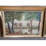 Continental school : Woodland by a lake, oil on canvas, framed.
