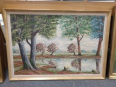 Continental school : Woodland by a lake, oil on canvas, framed.