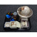 A tray of gem stone globe, assorted paperweights,