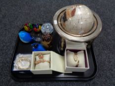 A tray of gem stone globe, assorted paperweights,