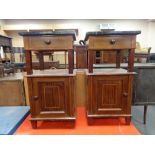 A pair of antique inlaid mahogany marble topped bedside stands