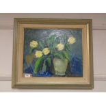 Continental school : flowers in a vase, oil on board, framed.