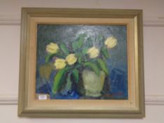 Continental school : flowers in a vase, oil on board, framed.