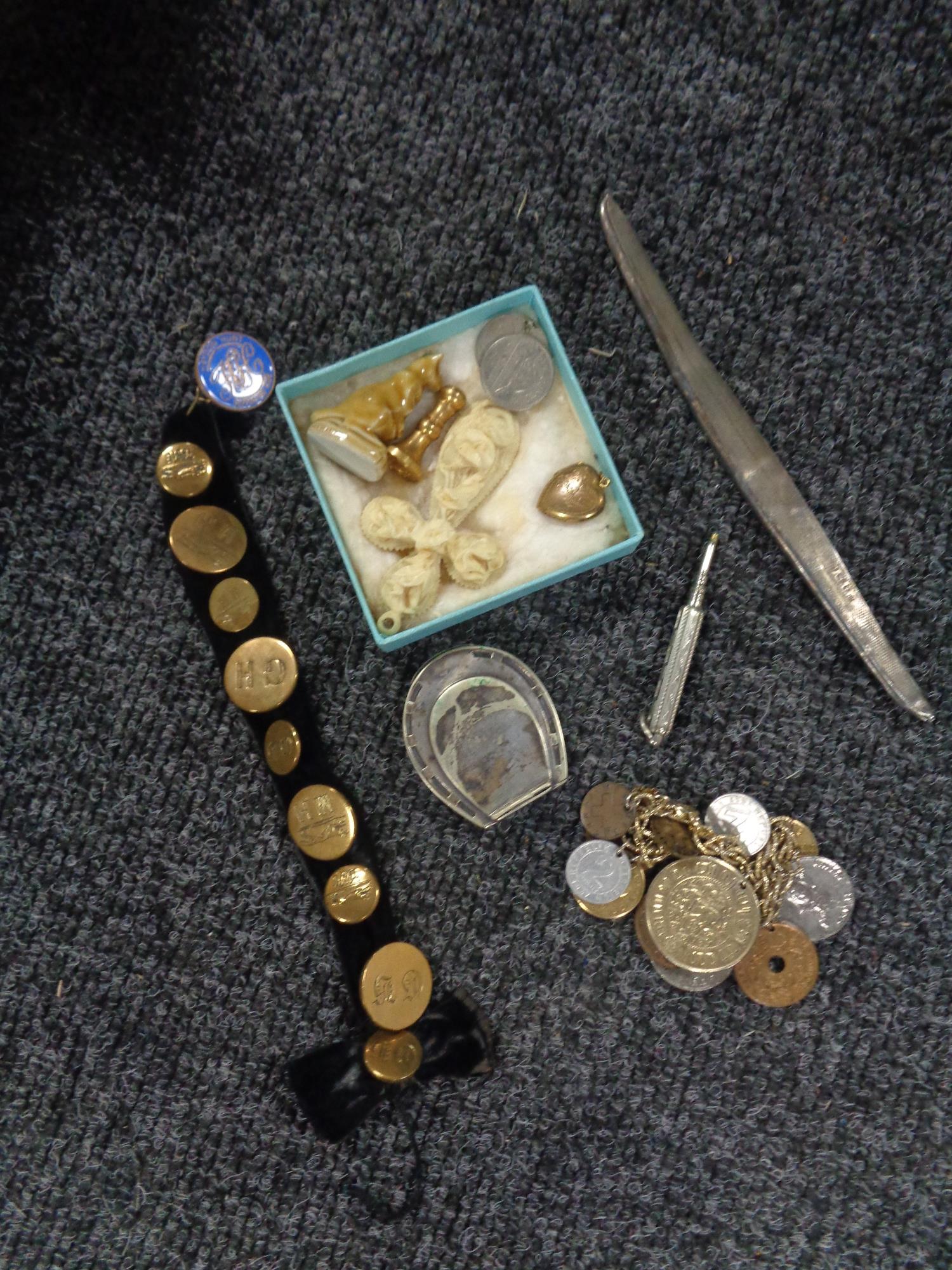 A box of plated vesta in the form of a horse shoe, gilt buttons, fox furs, costume jewellery, - Image 2 of 2