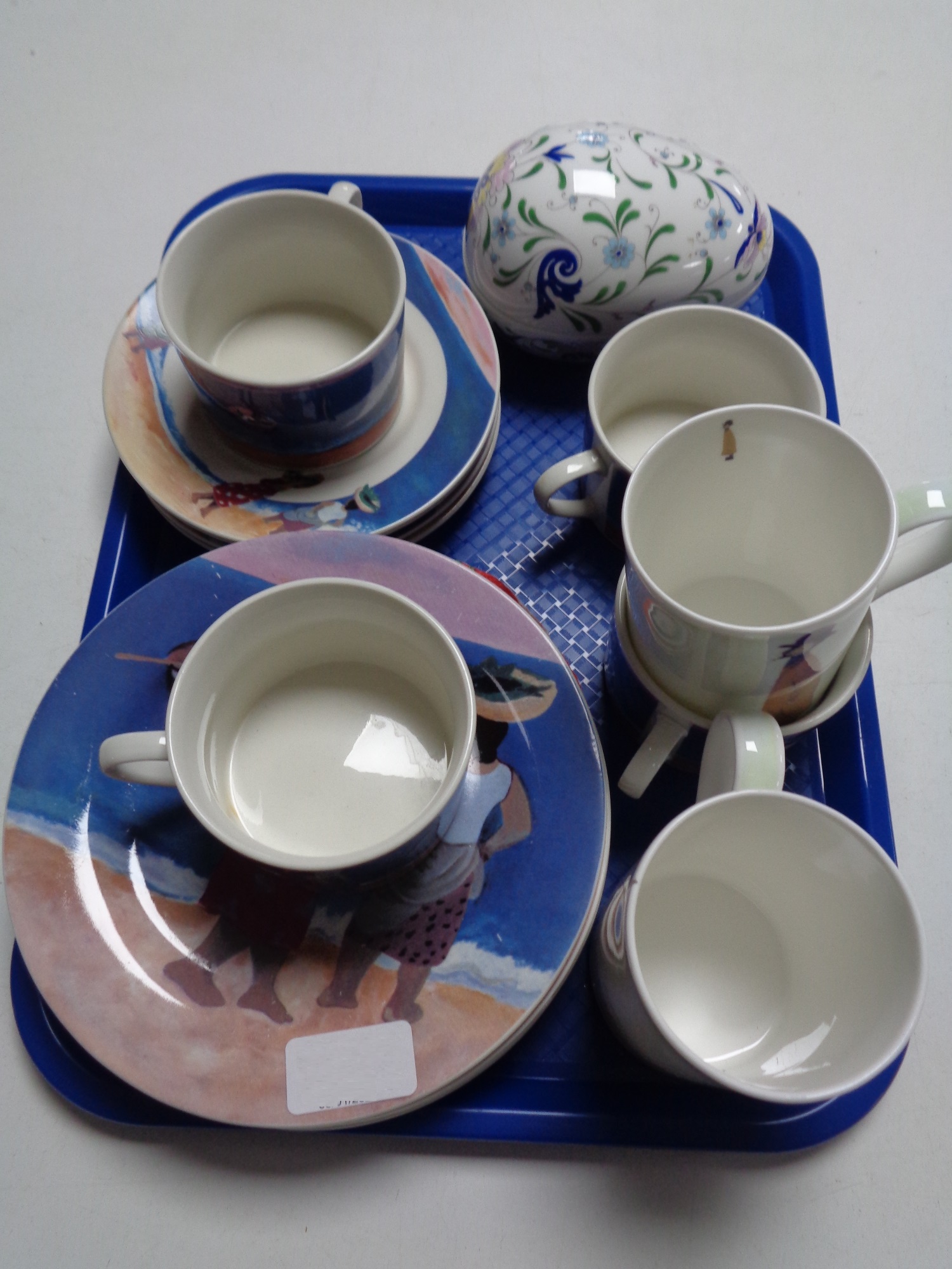 A tray of Gabbay coffee cups and plate set, Coalport egg trinket pot,