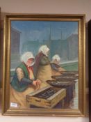 Continental school : Fish workers, oil on canvas, framed.