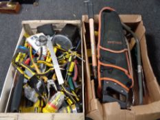 A box and crate containing a large quantity of hand tools, head torches,