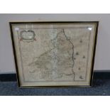 An antiquarian hand coloured framed map of Northumberland