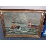 A 20th century continental school gilt framed oil on canvas, fishing boat coming into harbour,