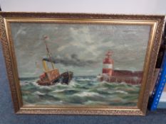 A 20th century continental school gilt framed oil on canvas, fishing boat coming into harbour,