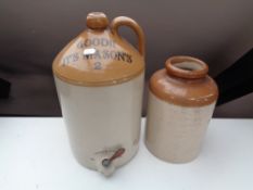 An antique glazed pottery flagon 'Good It's Masons 2',