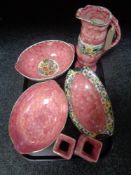 A tray of six pieces of Maling pink lustre china