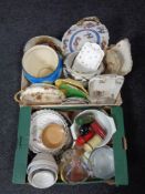Two boxes containing antique and later china dishes, planters, flan dishes,