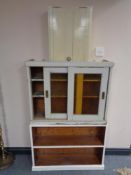 A set of painted pine open bookshelves together with an antique pine sliding glass door cabinet and