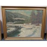 Continental school : Snow covered valley, oil on canvas, framed.