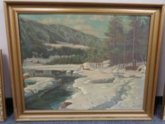 Continental school : Snow covered valley, oil on canvas, framed.