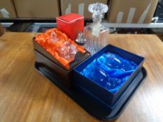 A tray of cut glass whisky decanter with stopper, boxed Royal Brierley crystal sugar sifter,