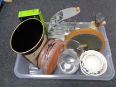 A box of kitchen sundries, wall clock,