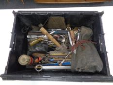 A crate of assorted hand tools, cast steel 3lb hammer, screw drivers, spanners, saw blades,