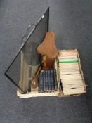 A box of model engineering magazines, wooden book trough, spark guard and fire bucket,