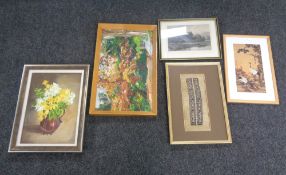 A box of five assorted framed pictures, W.A.